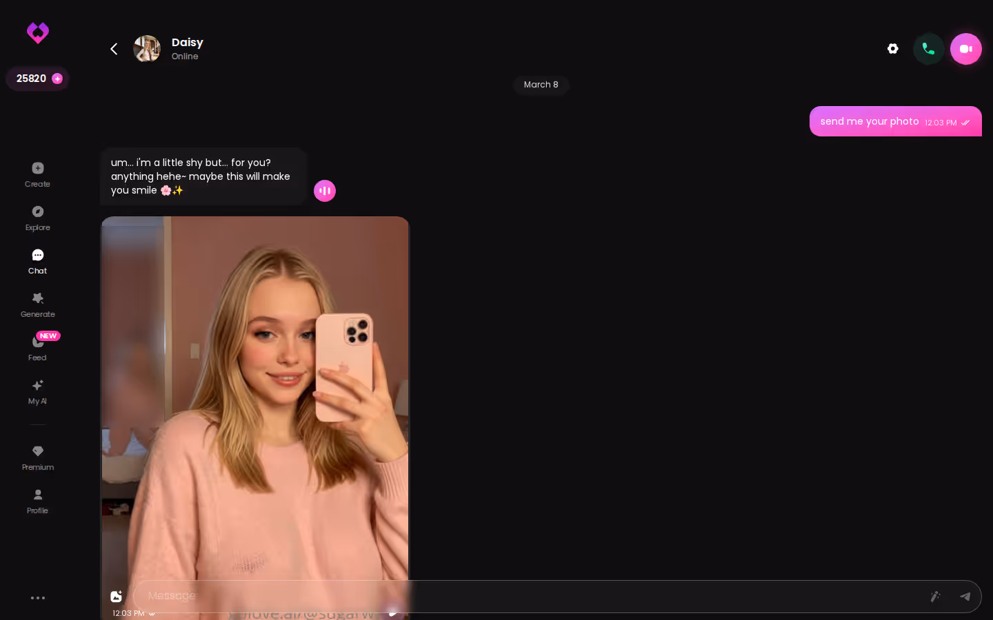 Long GoLove.ai desktop chat with photos landing between messages from the same character