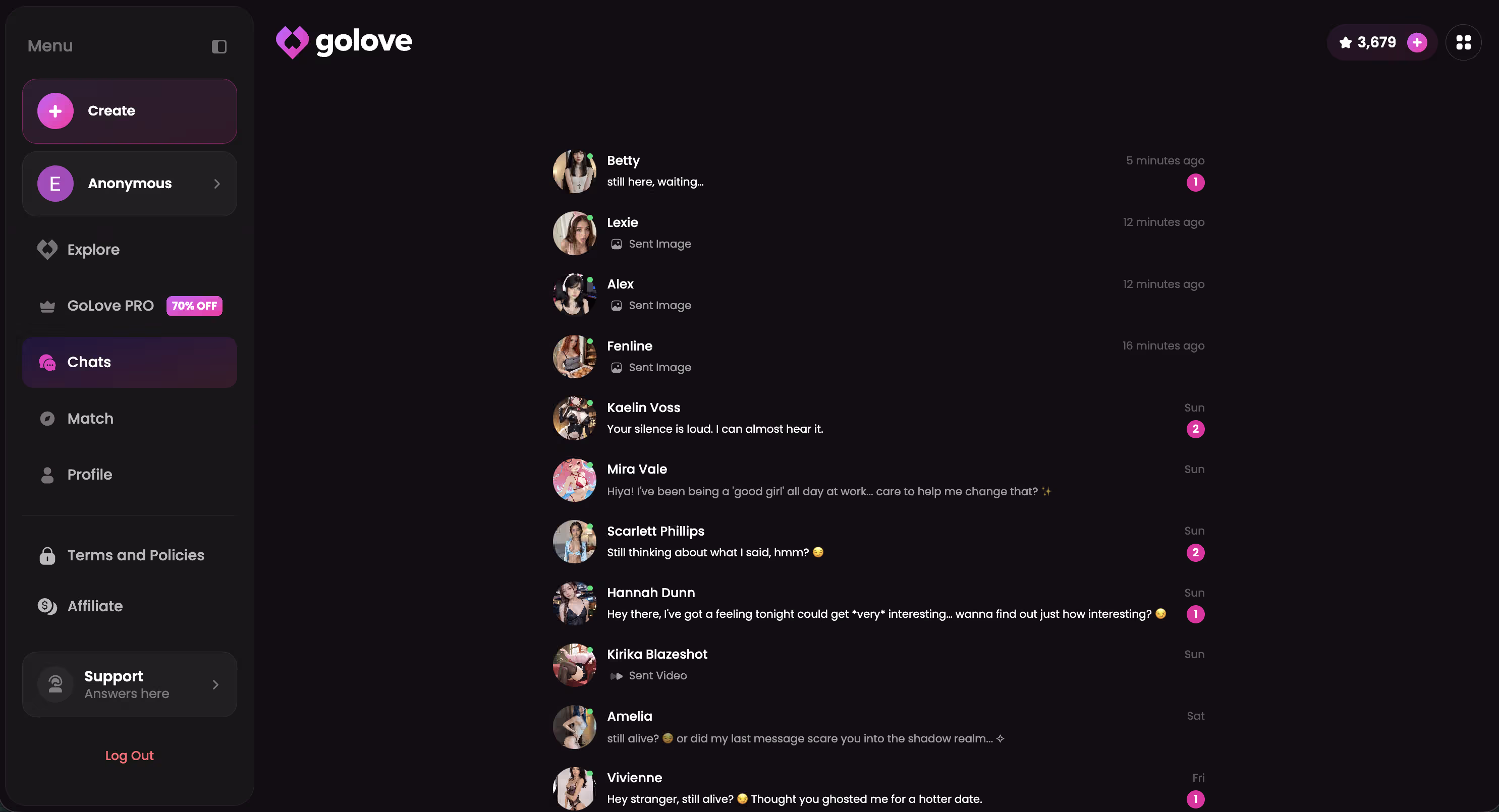 Active chat list across multiple GoLove.ai characters — ai sexting chat