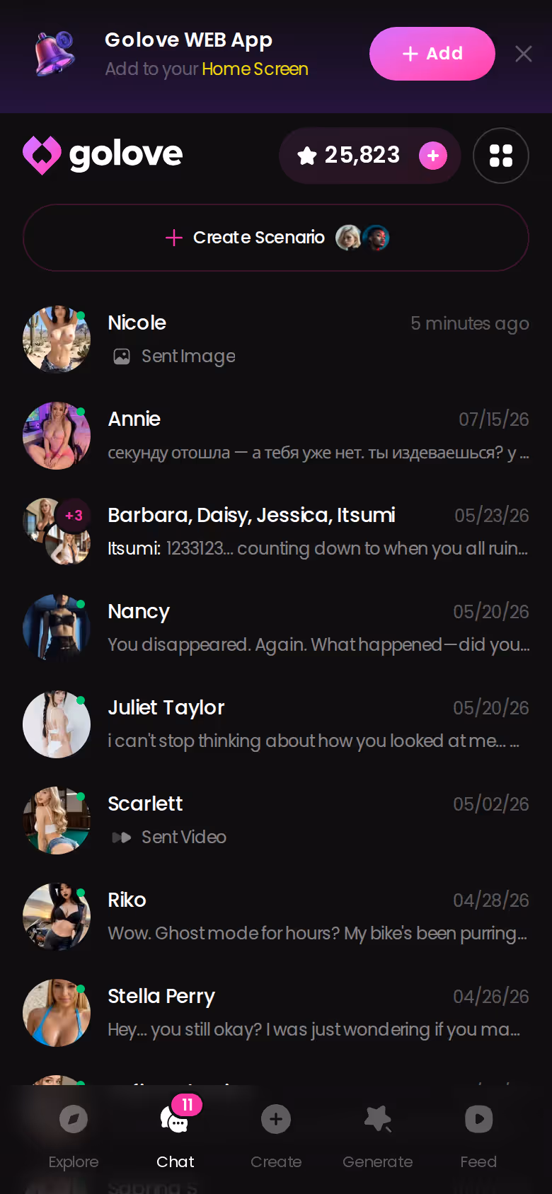 GoLove.ai chats list showing ongoing conversations with last-message previews