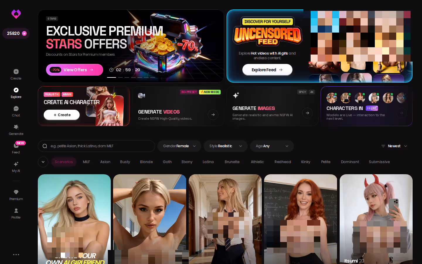 GoLove.ai Explore page with realistic AI companion characters ready to chat