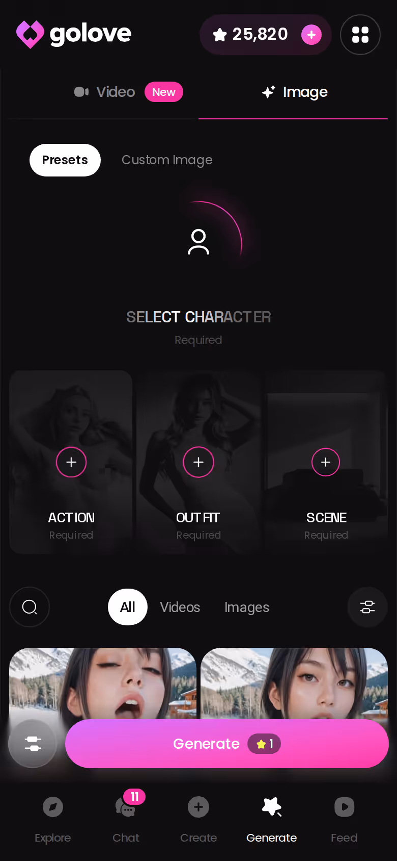 GoLove.ai image generator on mobile with pose, outfit and background options