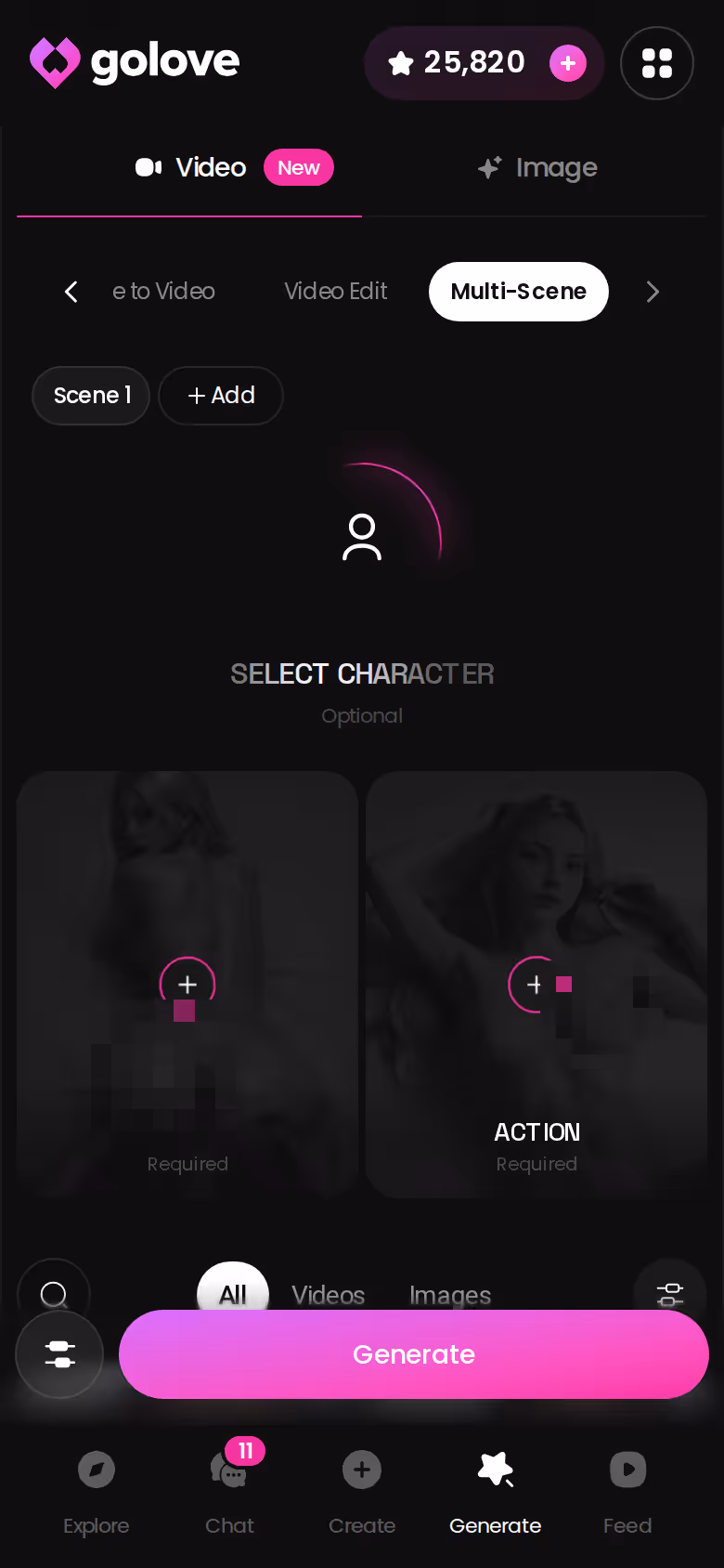 GoLove.ai Multi Scene generator on mobile building a clip from several moments